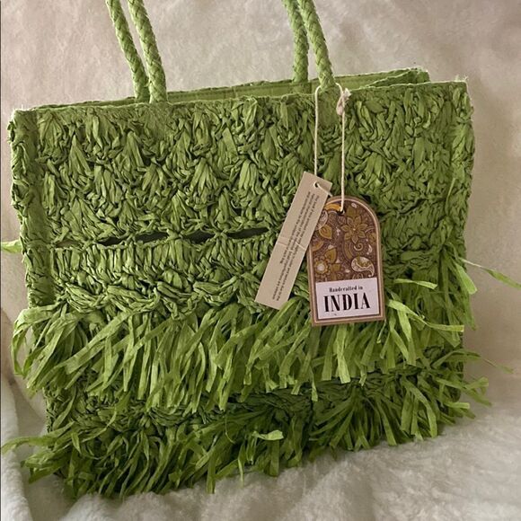 Green Woven Tote Bag made from paper green - Picture 5 of 6